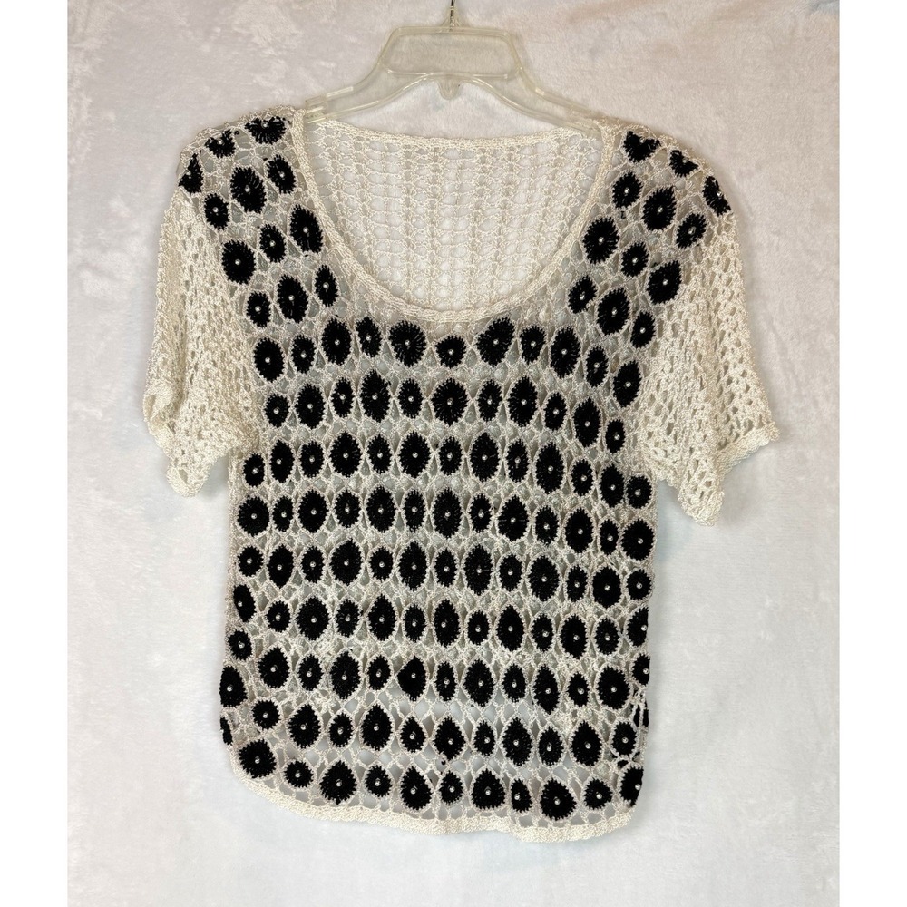 Hand Crocheted Beaded‎ Sweater Top Women's M/L Ivory Black Open Knit Boho